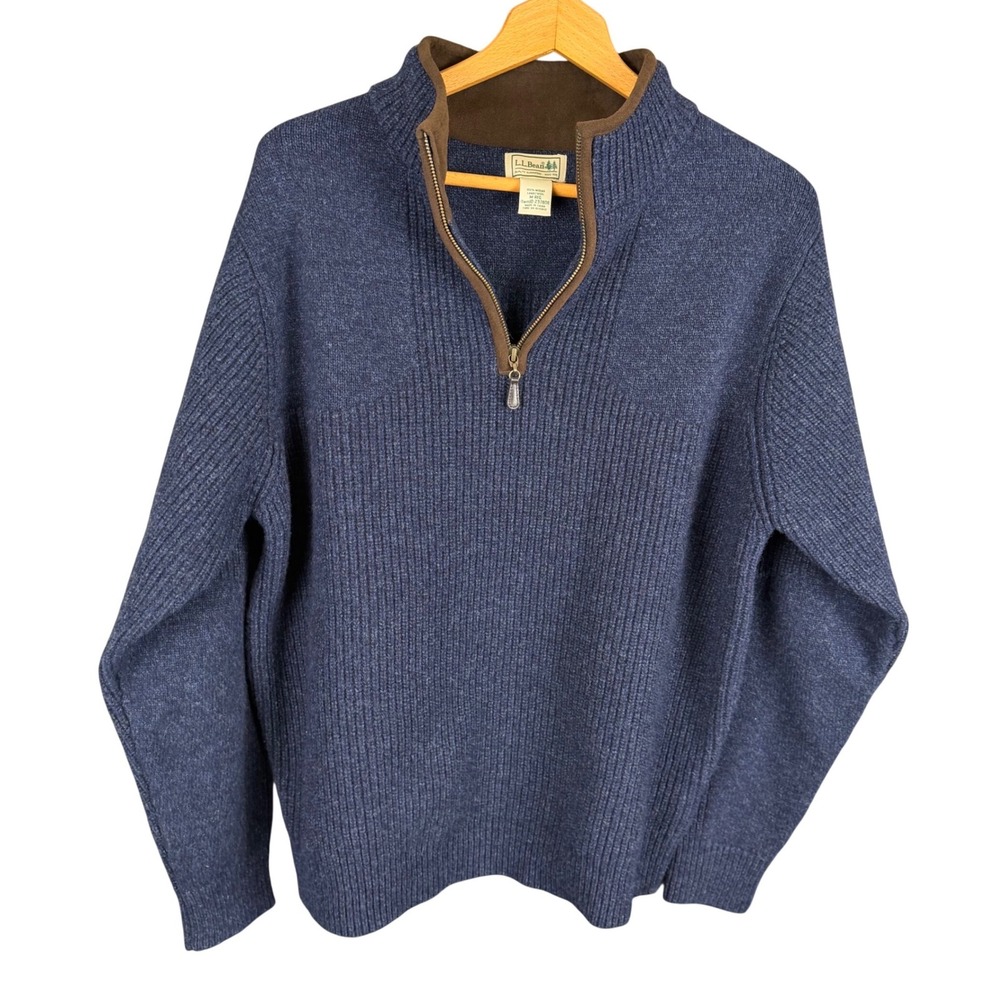 LL Bean Mens Blue Merino Lambswool Quarter Zip Ribbed Sweater M 237808